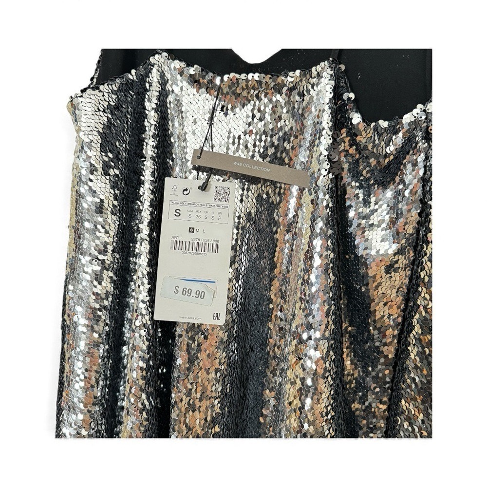 NWT Zara Women's Small Sequin Spaghetti Mini Slip A-line Dress Silver‎ Sparkle - Picture 4 of 7